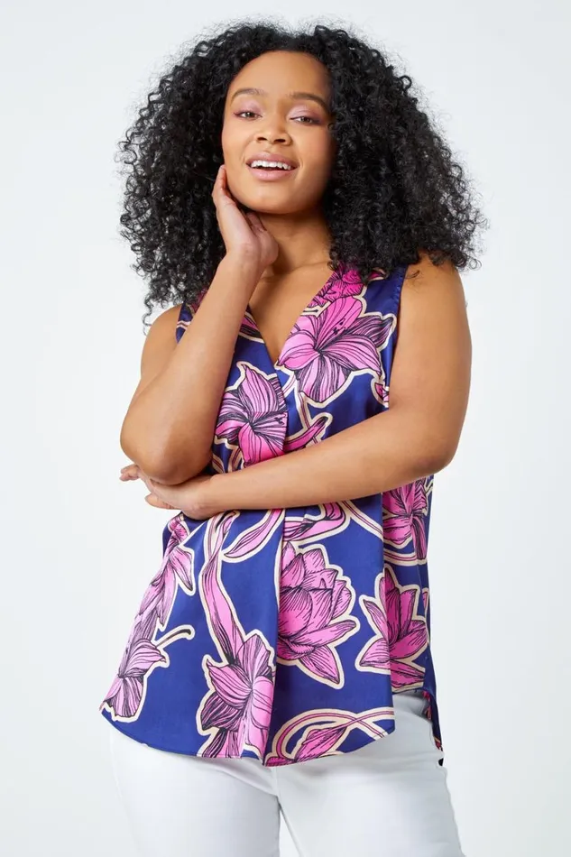 Pink Petite Floral Print VNeck Satin Top Women Roman Tops