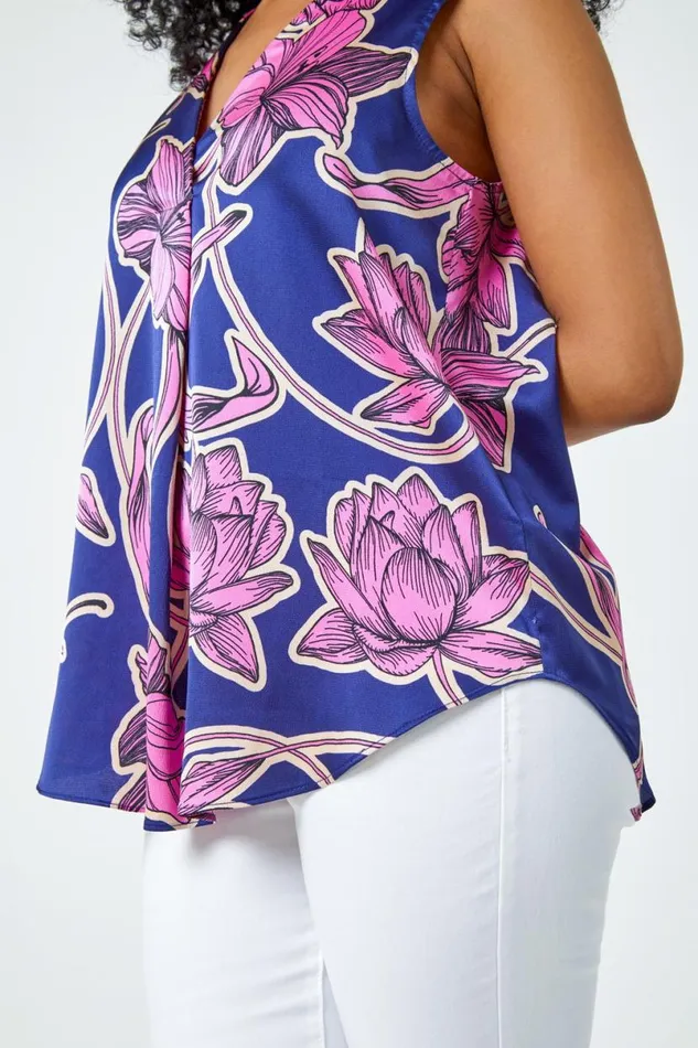 Pink Petite Floral Print VNeck Satin Top Women Roman Tops