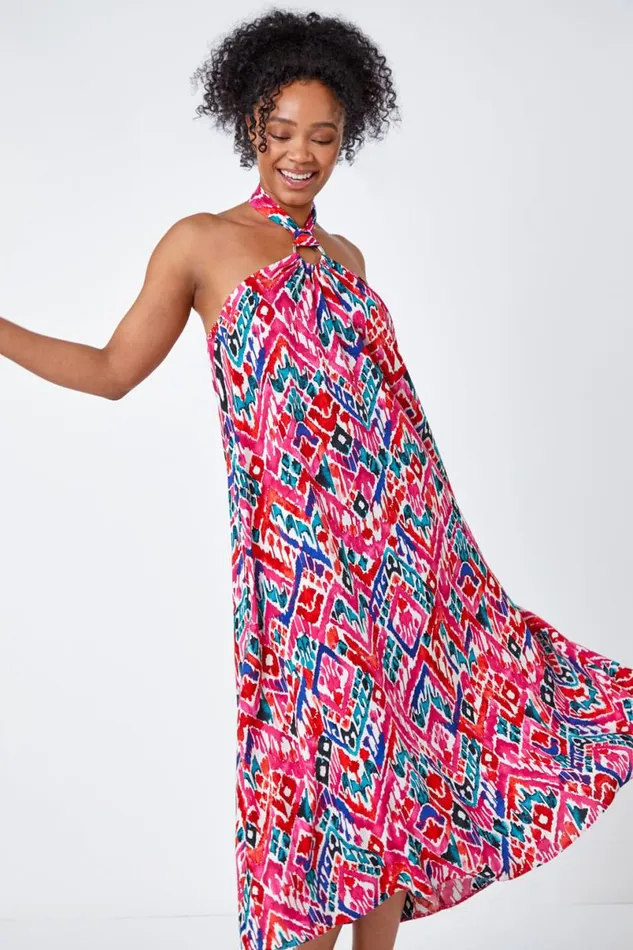Pink Petite Midi Halterneck Print Dress Women Roman Dresses