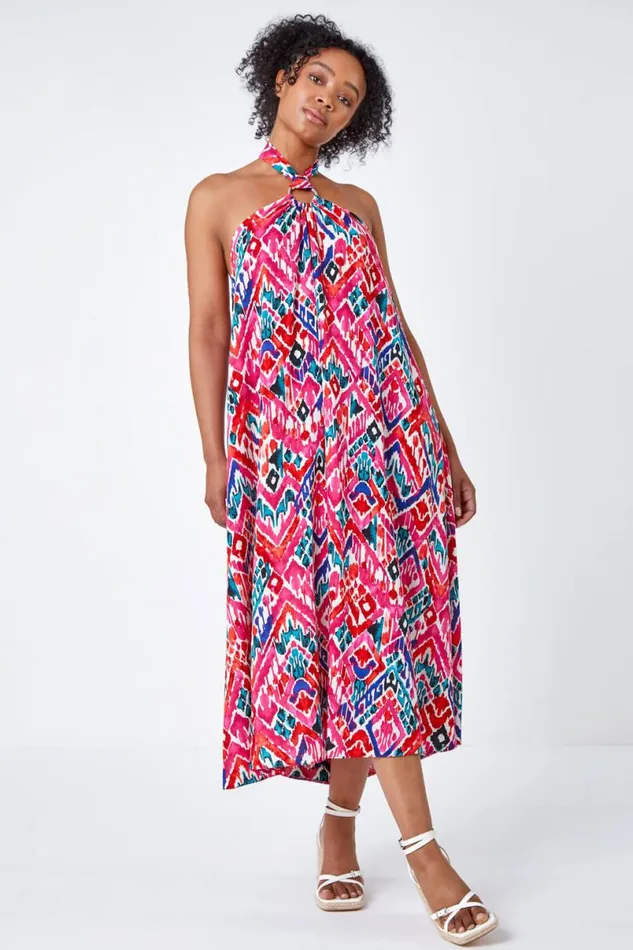 Pink Petite Midi Halterneck Print Dress Women Roman Dresses