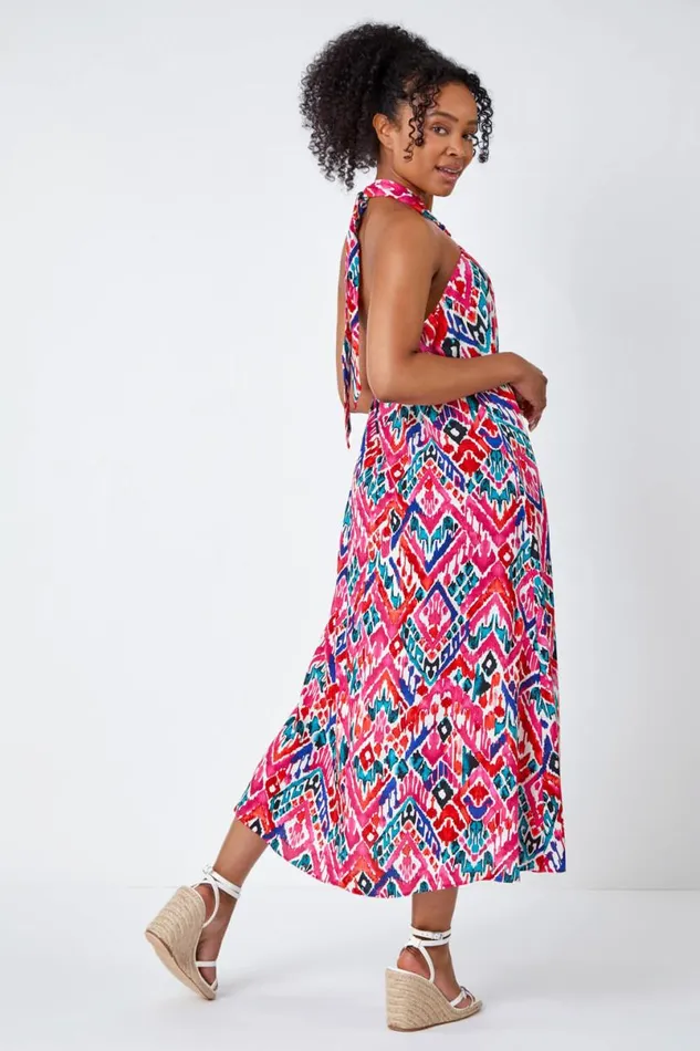 Pink Petite Midi Halterneck Print Dress Women Roman Dresses