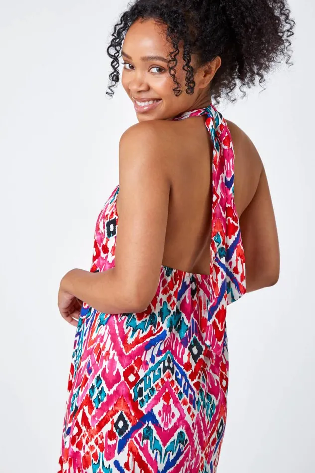 Pink Petite Midi Halterneck Print Dress Women Roman Dresses
