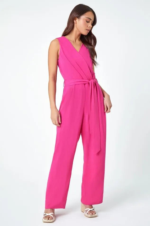 Pink Petite Plain Stretch Wrap Jumpsuit Women Roman Jumpsuits and Playsuits