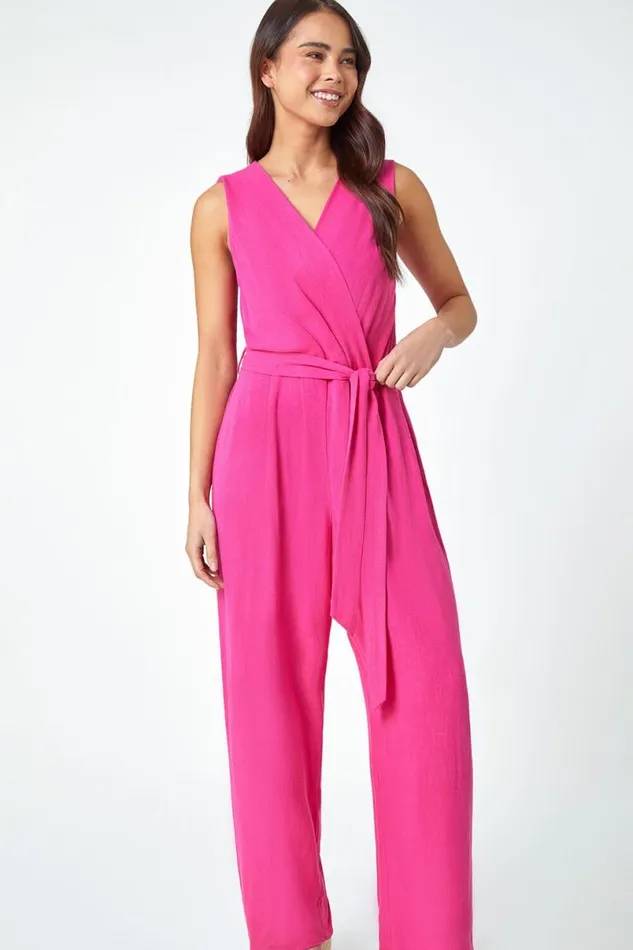 Pink Petite Plain Stretch Wrap Jumpsuit Women Roman Jumpsuits and Playsuits