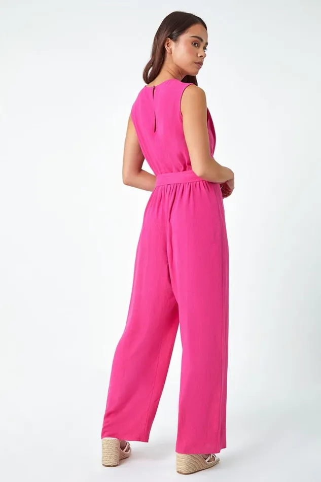 Pink Petite Plain Stretch Wrap Jumpsuit Women Roman Jumpsuits and Playsuits