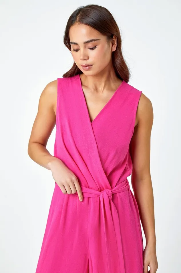 Pink Petite Plain Stretch Wrap Jumpsuit Women Roman Jumpsuits and Playsuits