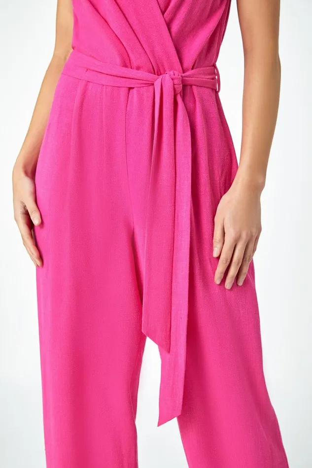 Pink Petite Plain Stretch Wrap Jumpsuit Women Roman Jumpsuits and Playsuits
