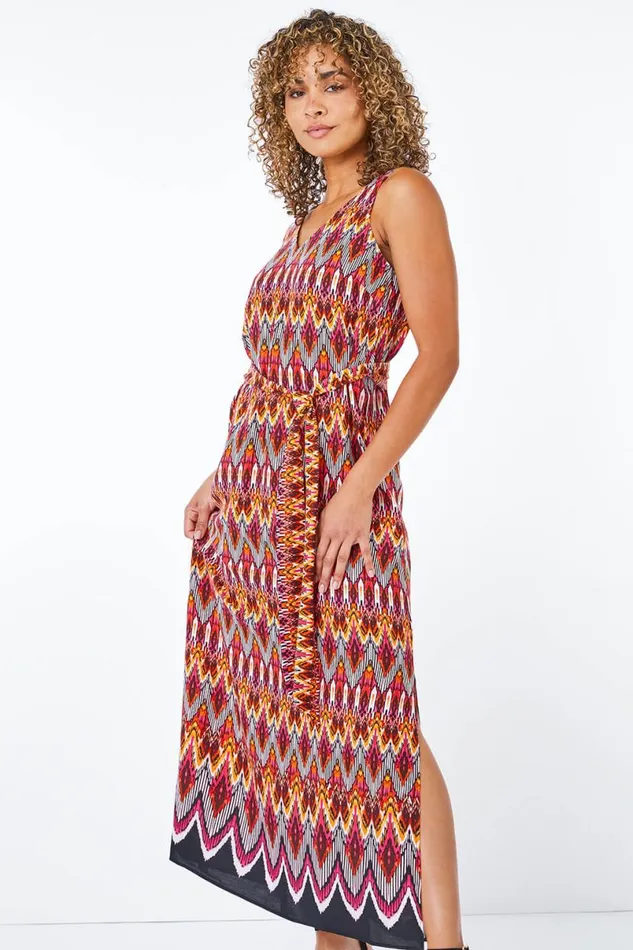 Pink Petite Tribal Print Midi Dress Women Roman Dresses