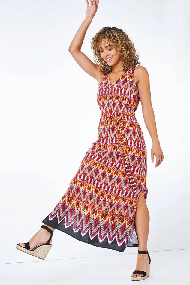 Pink Petite Tribal Print Midi Dress Women Roman Dresses