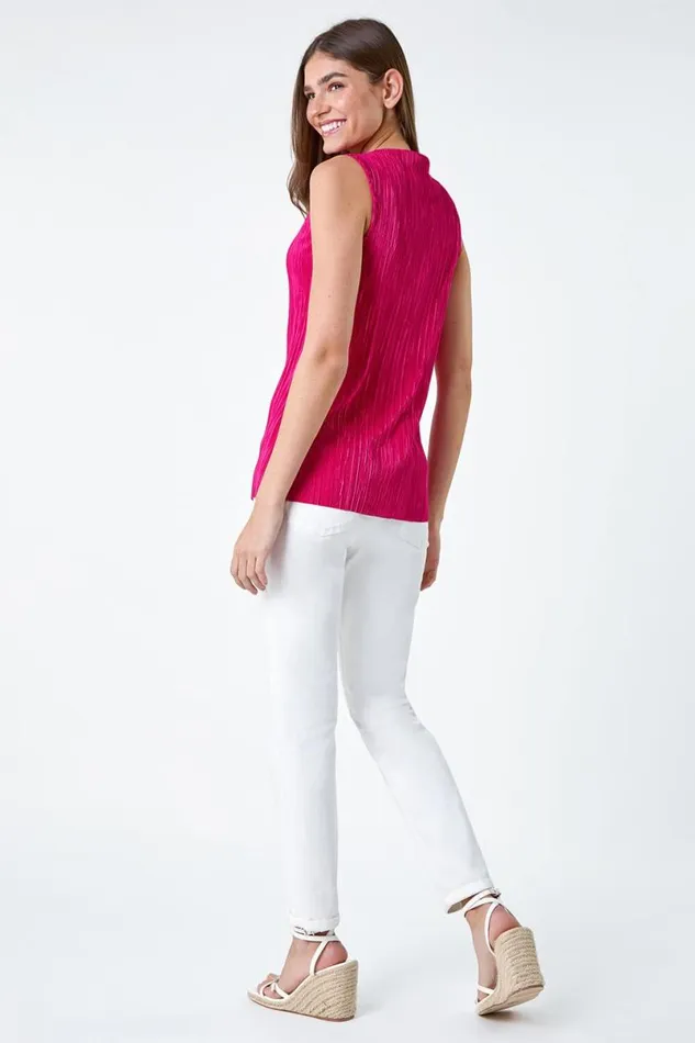 Pink Plisse Stretch Top Women Roman Tops