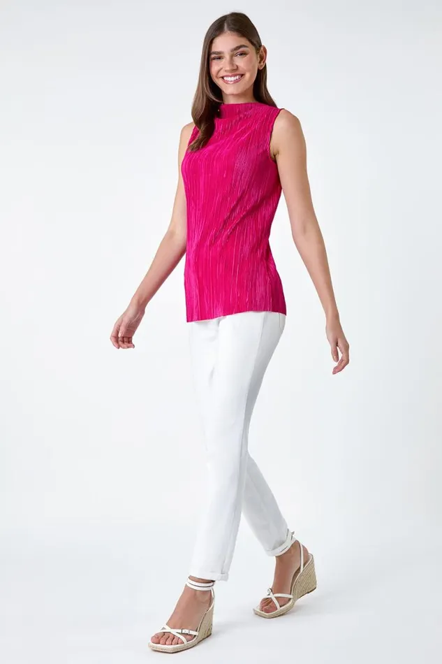 Pink Plisse Stretch Top Women Roman Tops