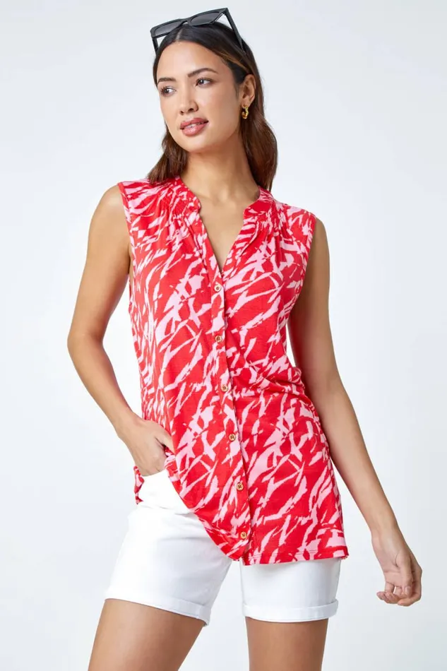 Pink Printed Button Through Jersey Blouse Women Roman Tops