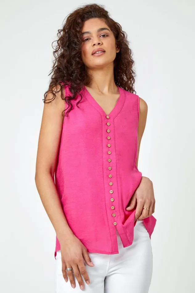 Pink Sleeveless Button Detail Vest Women Roman Tops