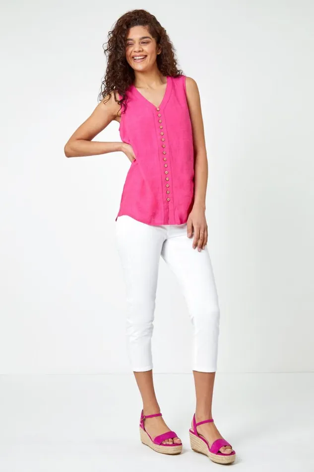 Pink Sleeveless Button Detail Vest Women Roman Tops