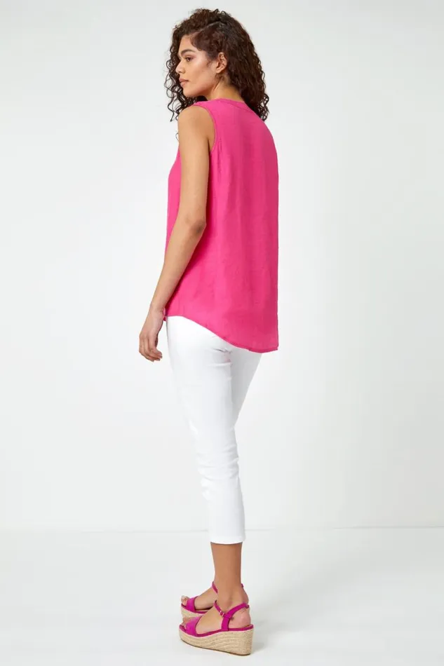 Pink Sleeveless Button Detail Vest Women Roman Tops
