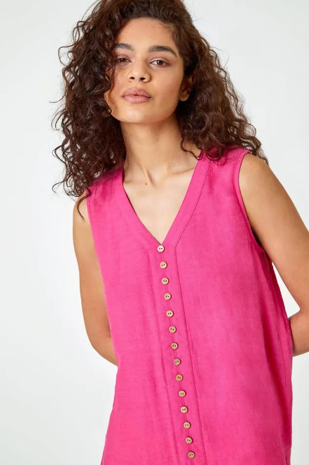 Pink Sleeveless Button Detail Vest Women Roman Tops