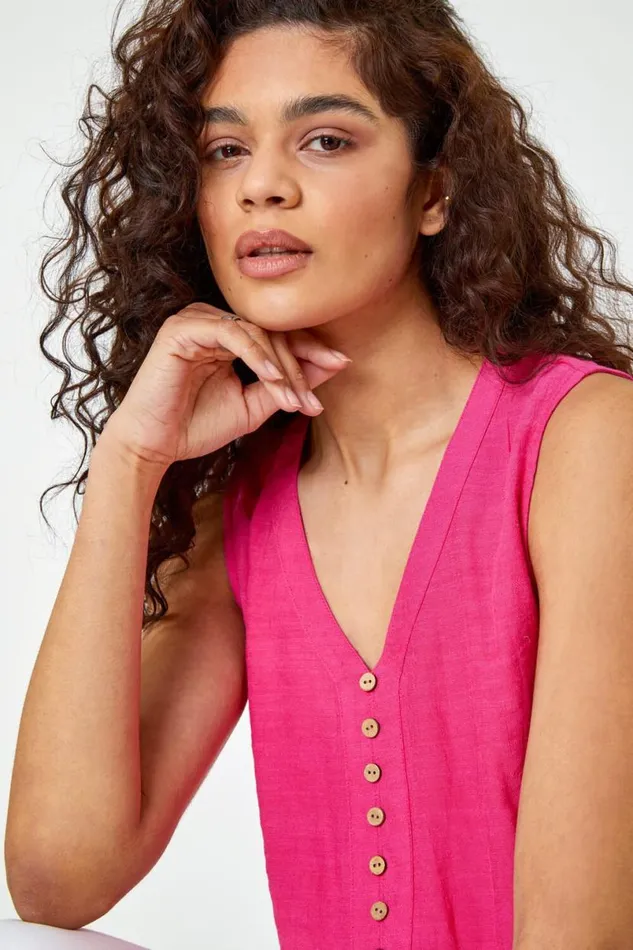 Pink Sleeveless Button Detail Vest Women Roman Tops