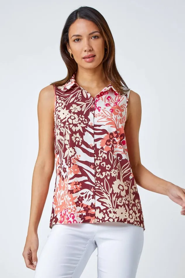 Pink Sleeveless Floral Print Blouse Women Roman Tops