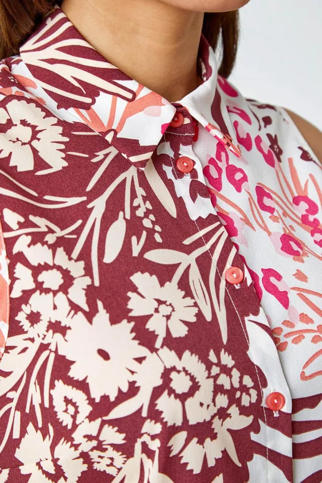 Pink Sleeveless Floral Print Blouse Women Roman Tops