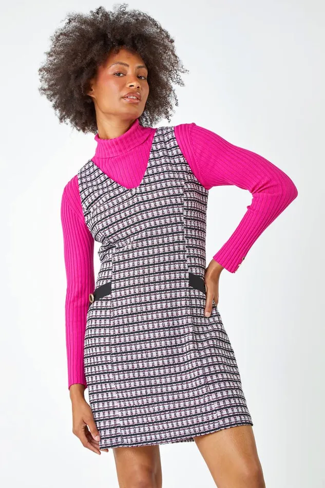 Pink Sleeveless Houndstooth Stretch Dress Women Roman Dresses