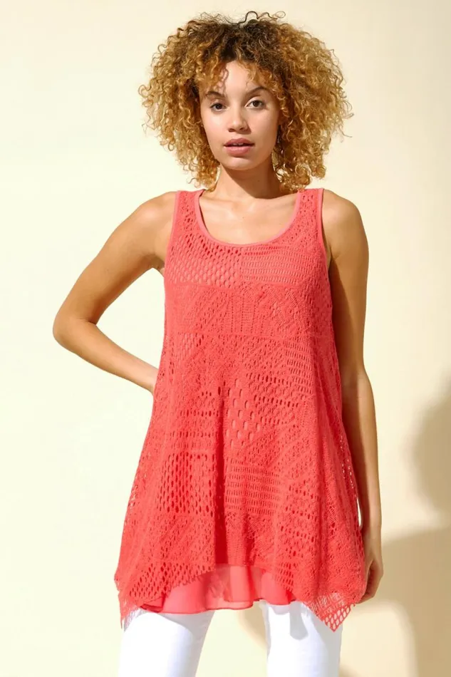 Pink Stretch Lace Hanky Hem Vest Top Women Roman Tops