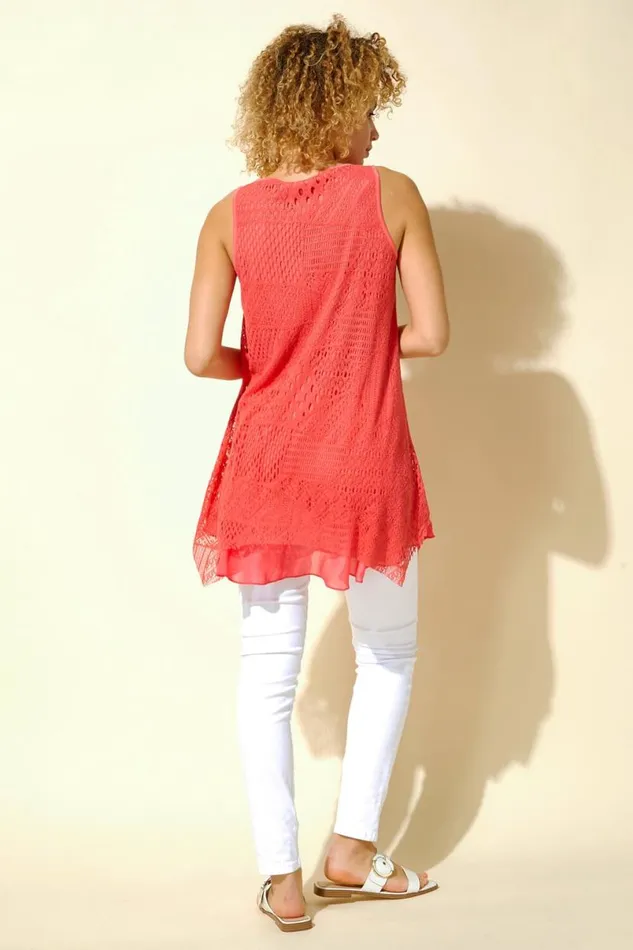 Pink Stretch Lace Hanky Hem Vest Top Women Roman Tops