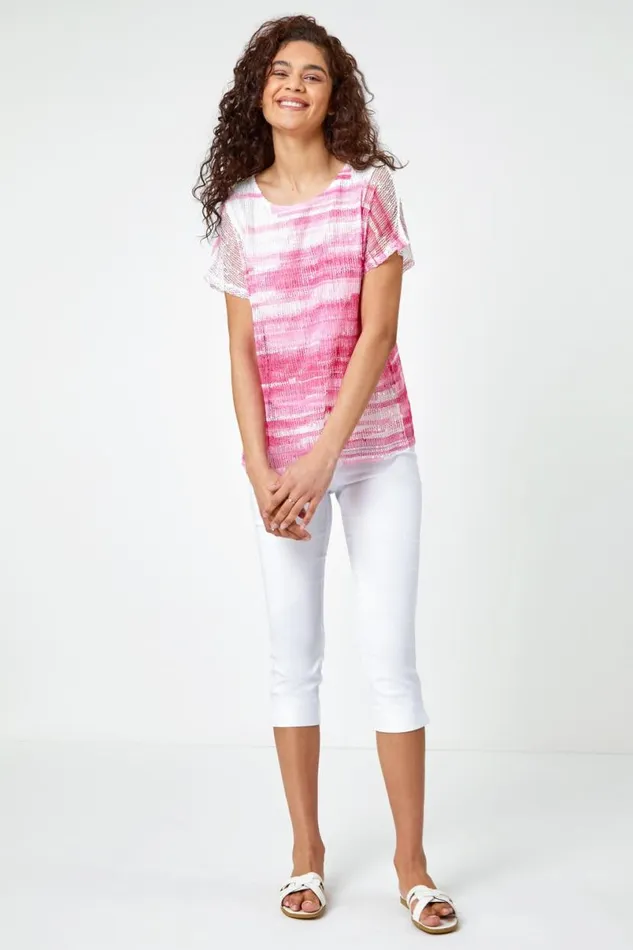 Pink Stripe Print Mesh Overlay Top Women Roman Tops