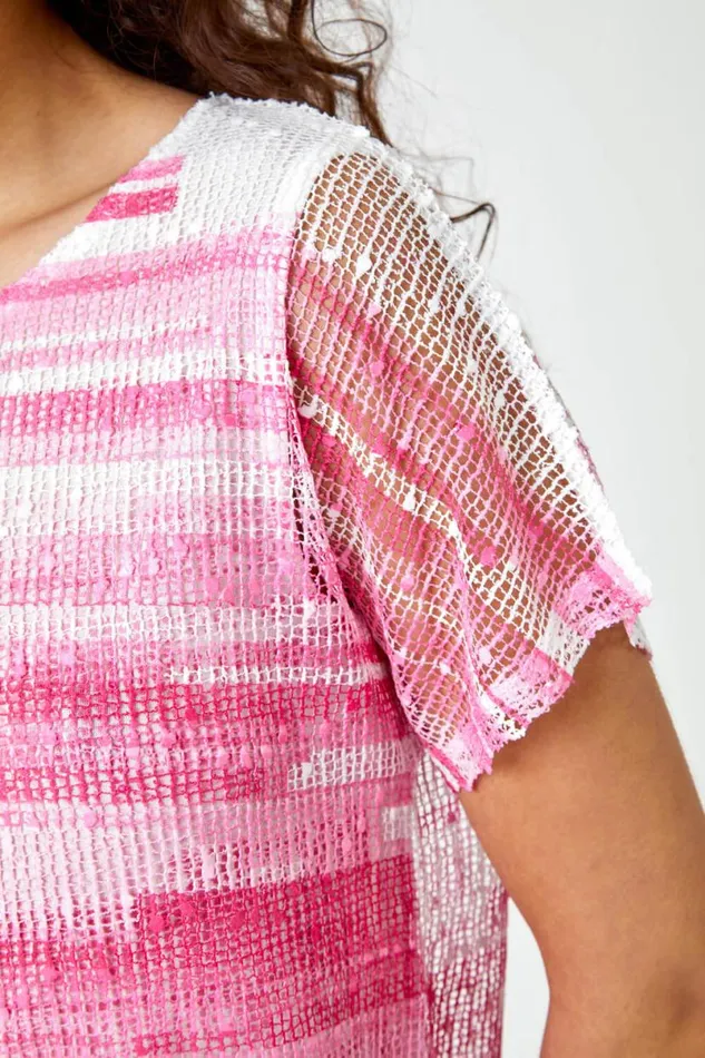 Pink Stripe Print Mesh Overlay Top Women Roman Tops