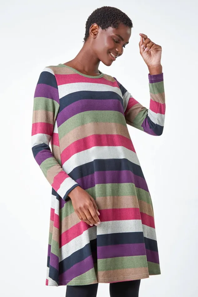 Pink Stripe Print Swing Stretch Dress Women Roman Dresses