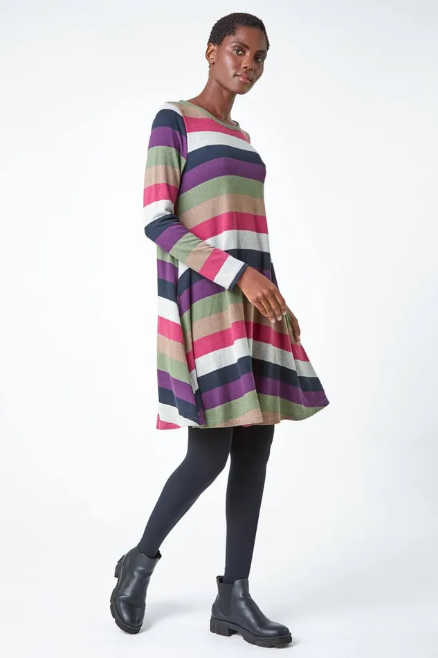 Pink Stripe Print Swing Stretch Dress Women Roman Dresses