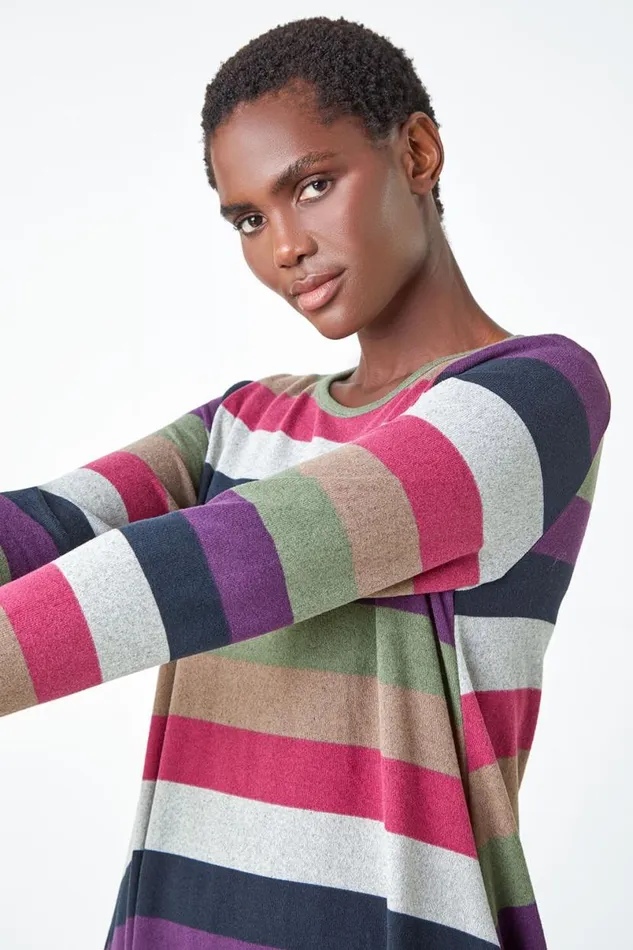 Pink Stripe Print Swing Stretch Dress Women Roman Dresses