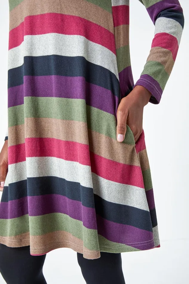 Pink Stripe Print Swing Stretch Dress Women Roman Dresses