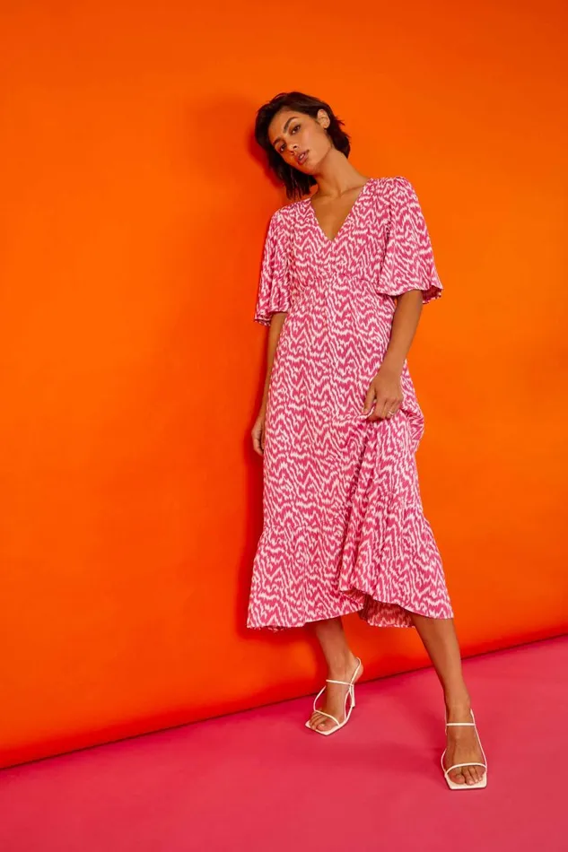 Pink Zig Zag Print Tiered Hem Midi Dress Women Roman Dresses
