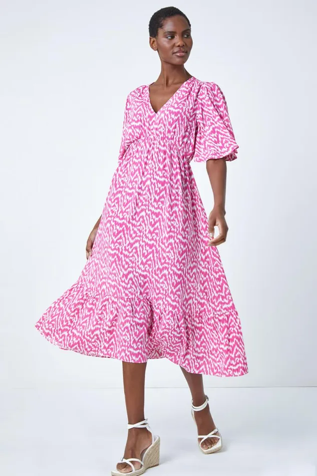 Pink Zig Zag Print Tiered Hem Midi Dress Women Roman Dresses