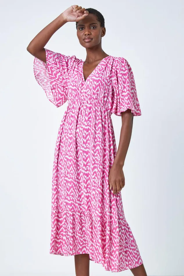 Pink Zig Zag Print Tiered Hem Midi Dress Women Roman Dresses