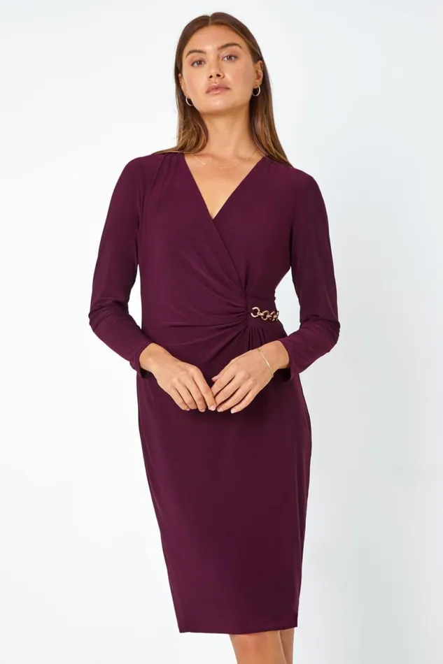 Plum Chain Detail Stretch Bodycon Midi Wrap Dress Women Roman Dresses