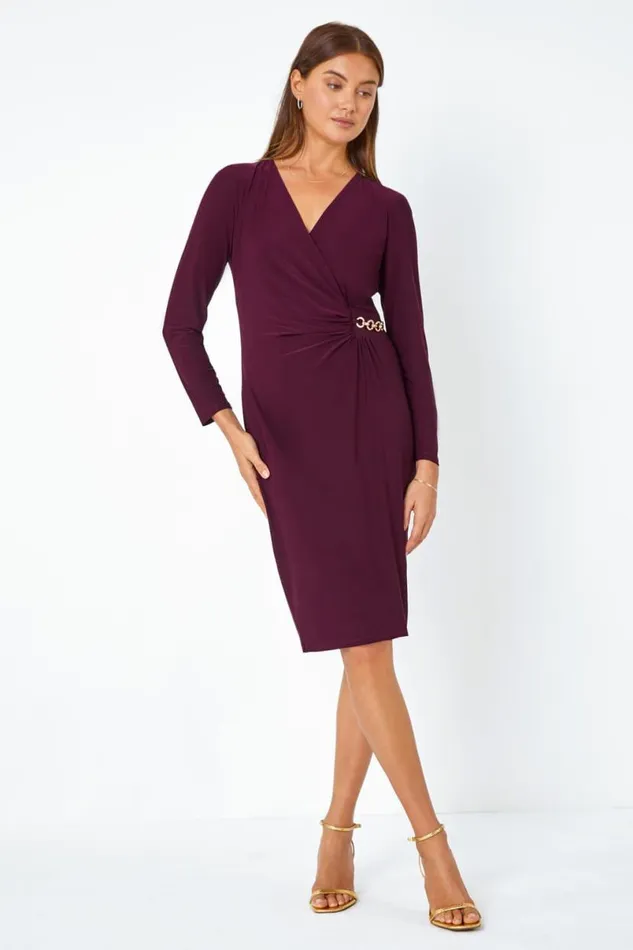 Plum Chain Detail Stretch Bodycon Midi Wrap Dress Women Roman Dresses