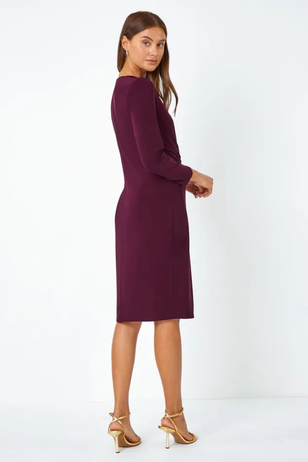 Plum Chain Detail Stretch Bodycon Midi Wrap Dress Women Roman Dresses