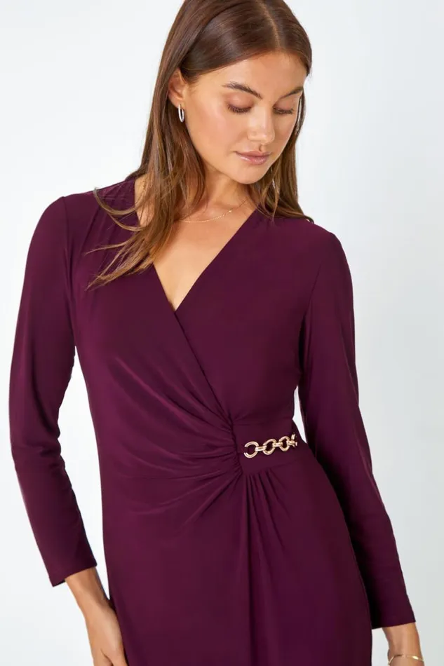 Plum Chain Detail Stretch Bodycon Midi Wrap Dress Women Roman Dresses