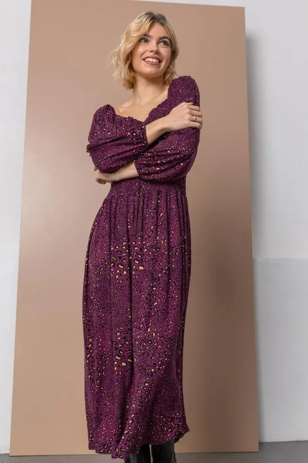 Plum Shirred Leopard Print Midi Stretch Dress Women Roman Dresses