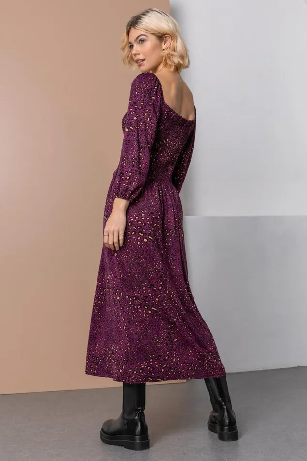 Plum Shirred Leopard Print Midi Stretch Dress Women Roman Dresses