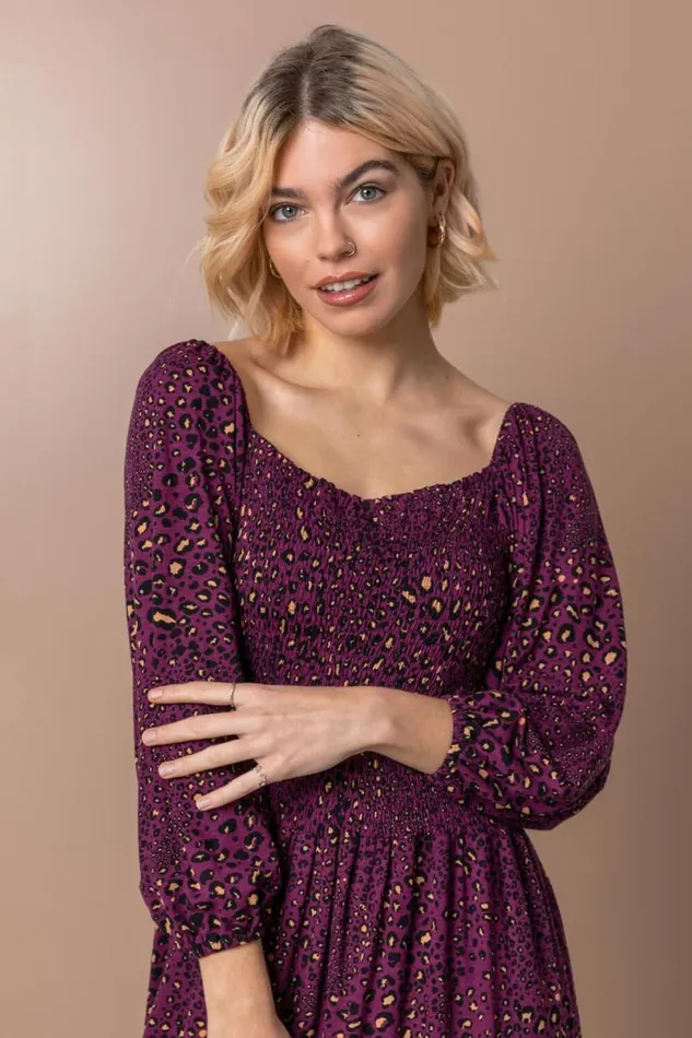Plum Shirred Leopard Print Midi Stretch Dress Women Roman Dresses