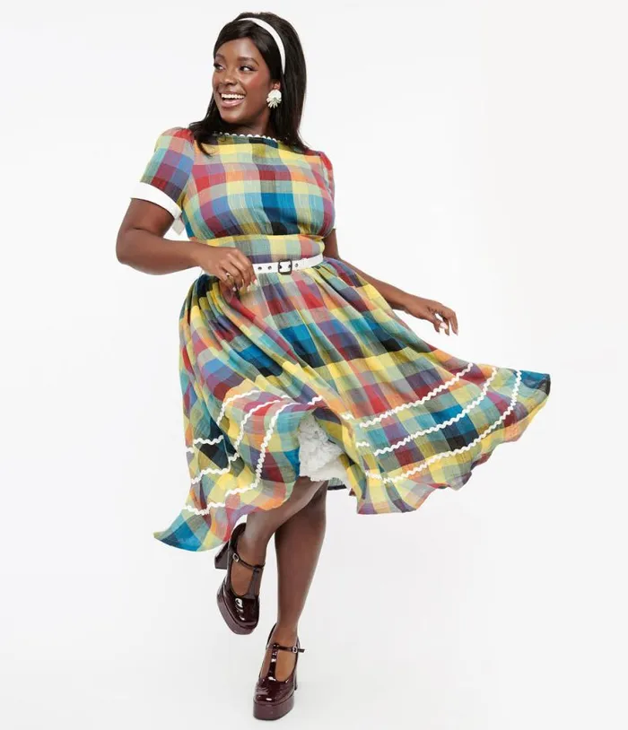 Plus Size 1950s Multicolor Plaid Cotton Swing Dress DressesPlus Unique Vintage Swing
