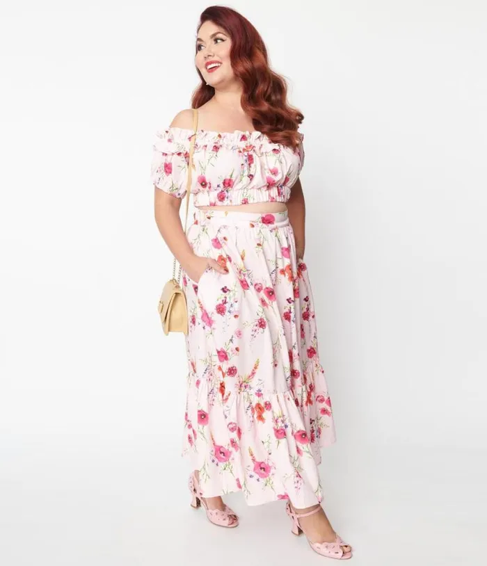Plus Size 1970s Light Pink Floral Tiered Midi Skirt ClothingPlus Unique Vintage Skirts