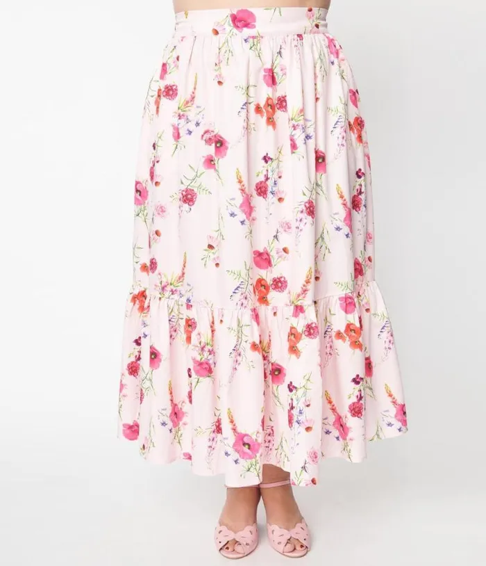 Plus Size 1970s Light Pink Floral Tiered Midi Skirt ClothingPlus Unique Vintage Skirts