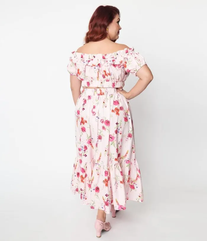 Plus Size 1970s Light Pink Floral Tiered Midi Skirt ClothingPlus Unique Vintage Skirts