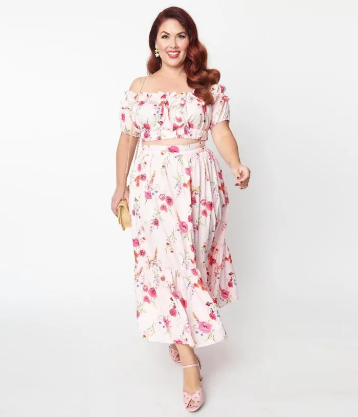 Plus Size 1970s Light Pink Floral Tiered Midi Skirt ClothingPlus Unique Vintage Skirts