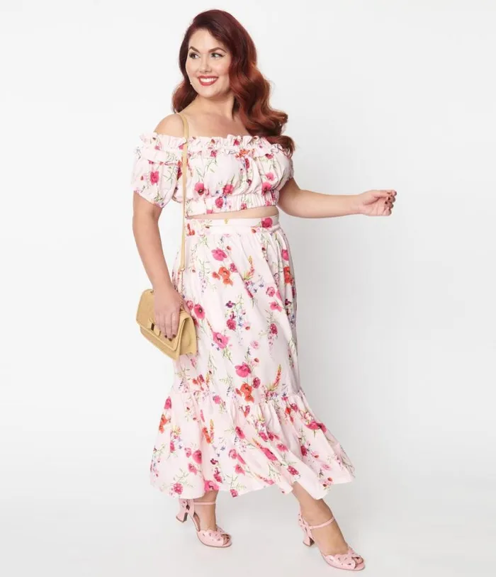 Plus Size 1970s Light Pink Floral Tiered Midi Skirt ClothingPlus Unique Vintage Skirts