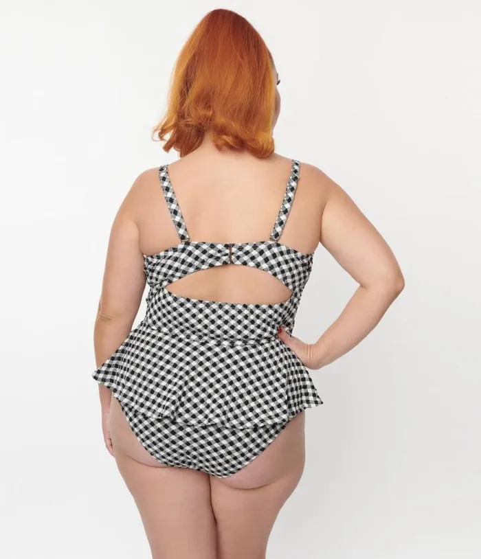 Plus Size Black and White Gingham Daphne Swim Bottoms Plus Unique Vintage Two Piece Swim