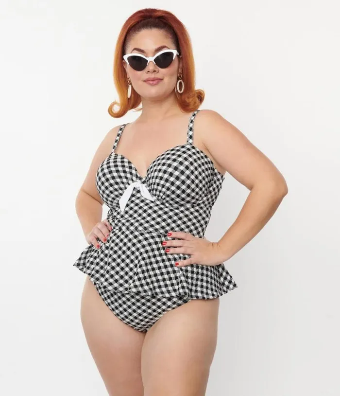 Plus Size Black and White Gingham Daphne Swim Bottoms Plus Unique Vintage Two Piece Swim